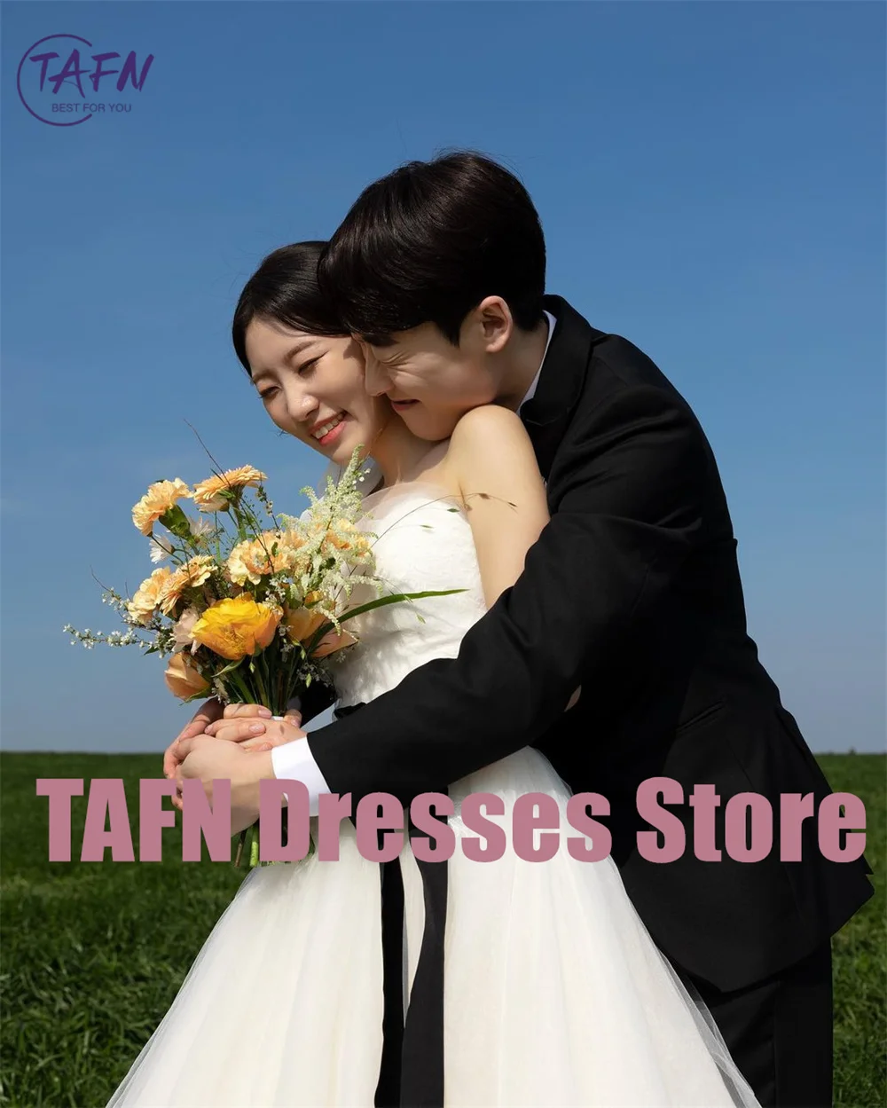 TAFN Korea A-line Wedding Dresses Strapless Sweetheart Colalr Bridal Gown Floor-Length Photo Shoot Dresses Custom Made