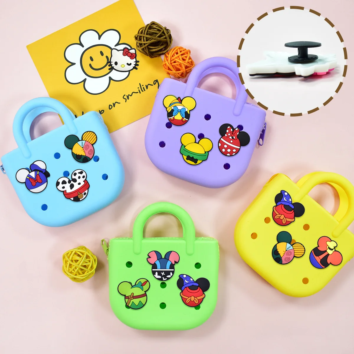 Cute Round Mouse Ear Cartoon Shoe Charms PVC Removable Clog Shoe Decorations Colorful Pattern Shoe Buckle DIY Sandals Ornament