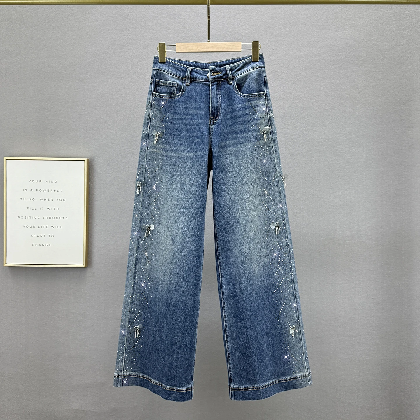 

Hot Rhinestone Jeans for Women, Extended Pants, 2025 Autumn New High Waist Loose Slimming European Style Wide Leg Pants Trend