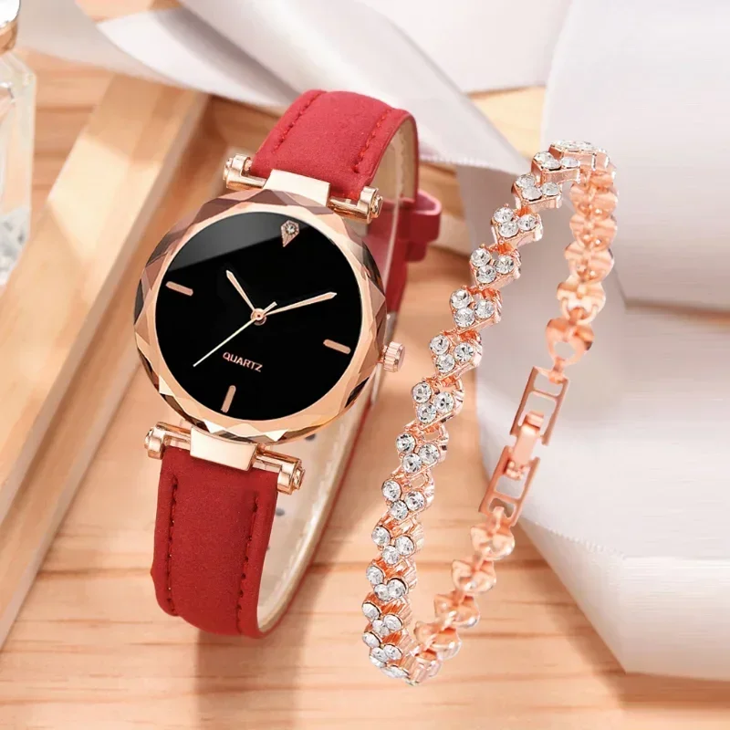 Ladies Watch 2pcs Luxury Fashion Watch for Women Set PU Leather Strap Quartz Wristwatch Rhinestone Rose Gold Alloy Bracelet Gift