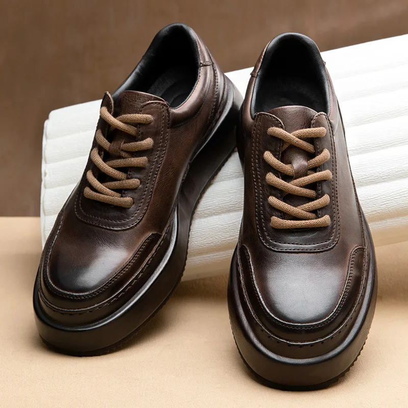 

Thick Sole Retro Men Shoes Fashion Lace Up Genuine Leather Sneakers for Men Business Casual Shoes High End Design Men Shoes