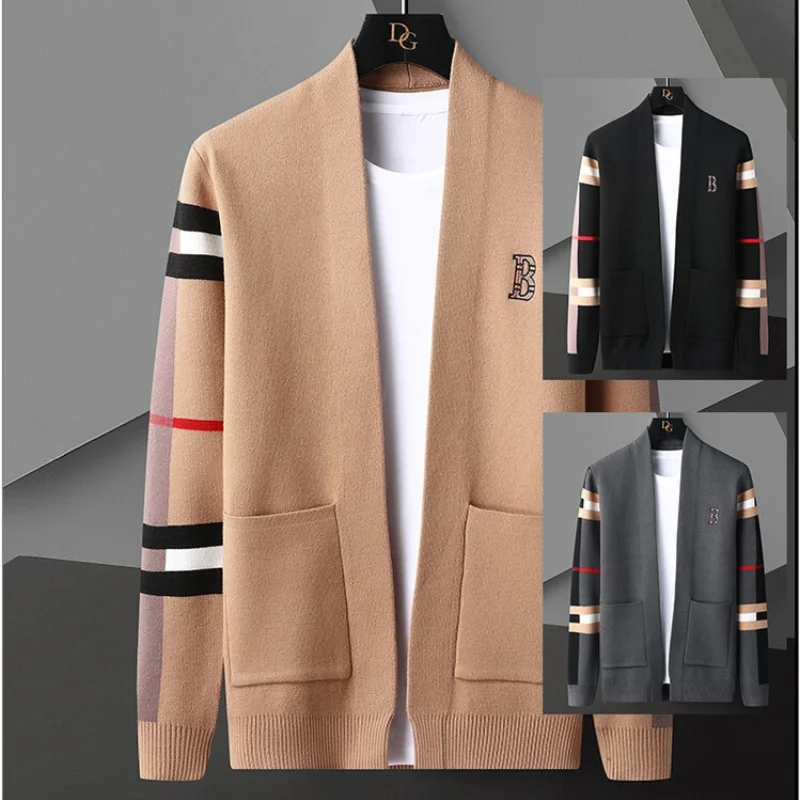 Luxury brand men's knitted cardigan hot selling autumn winter B-letter embroidered stripe European boutique shawl leisure coat