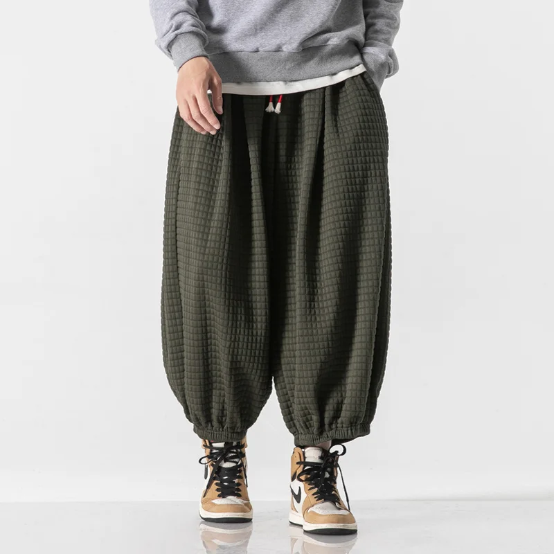 Chinese Style Waffle Corduroy Wide-Leg Bloomers Harajuku Casual Harem Baggy Pants Plus Size Joggers Oversize Cropped Trousers