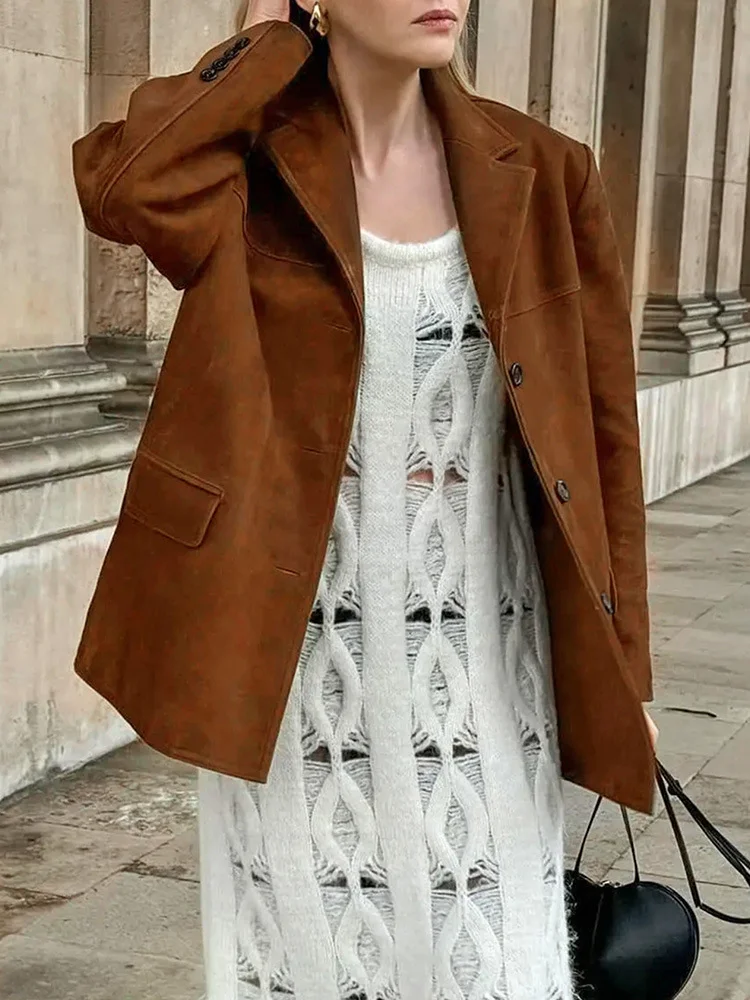 

Vintage Full Sleeve Blazer Jackets Brown Lapel Pockets Single Breasted Crop Coats For Women 2025 Autumn Winter Street Outwear