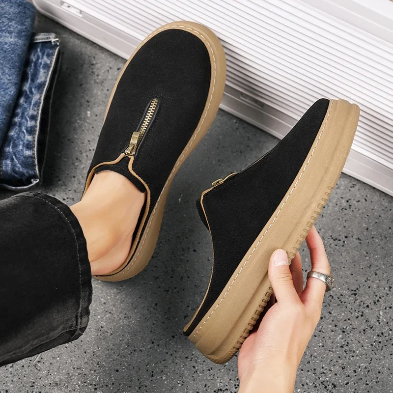 

Summer Men's Half Shoes Comfortable Suede Leather Platform Slippers For Men Mules Zipper Design Casual Shoes Man Slip-on Loafers