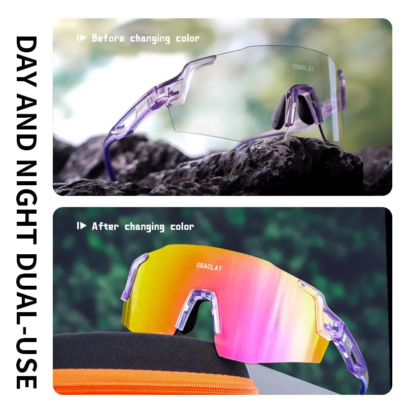 OBAOLAY-Colorful Photochromic Cycling Sports Glasses, UV400 Protection, Running, Fishing, Golf Polarized Sports Goggles, Unisex