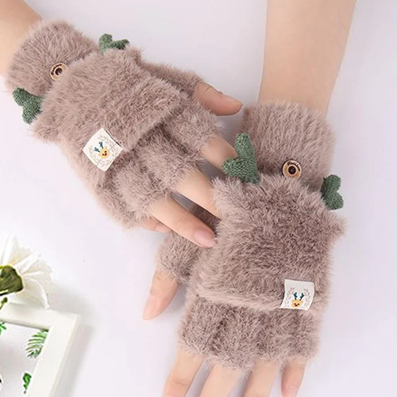 Fashion Jacquard Knitted Half Finger Flip Gloves Women's Winter Gloves