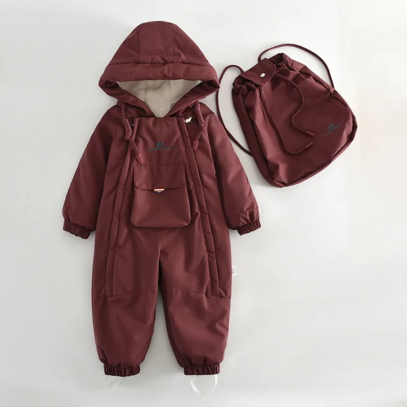 Bellbell Kid Snowsuit Infant Baby Girl One Piece Ski Suit Windproof Waterproof Hooded Fur Lined Winter Jumpsuit for Boy with Bag