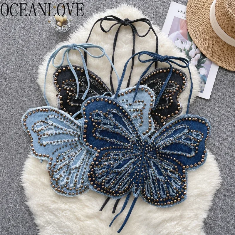 OCEANLOVE Denim T Shirt for Women Beading Butterfly Y2k Clothes Summer Sexy Ropa De Mujer Bandage Vintage Ins Fashion Tank Tops