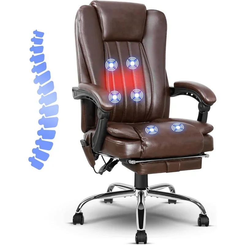 6-Point Massage Office Chair, Heating Executive Office Chair, Big and Tall PU Ergonomic Office Chair with Footrest, Adju