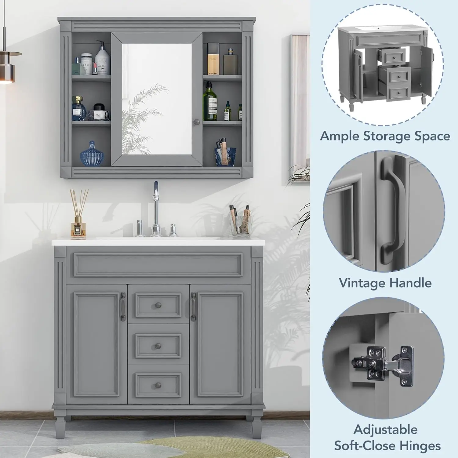 36'' Bathroom Vanity with Royal Grey Mirror Cabinet,Modern Bathroom Storage Cabinet with Top Sink,2 Soft Closing Doors and 2 Dra