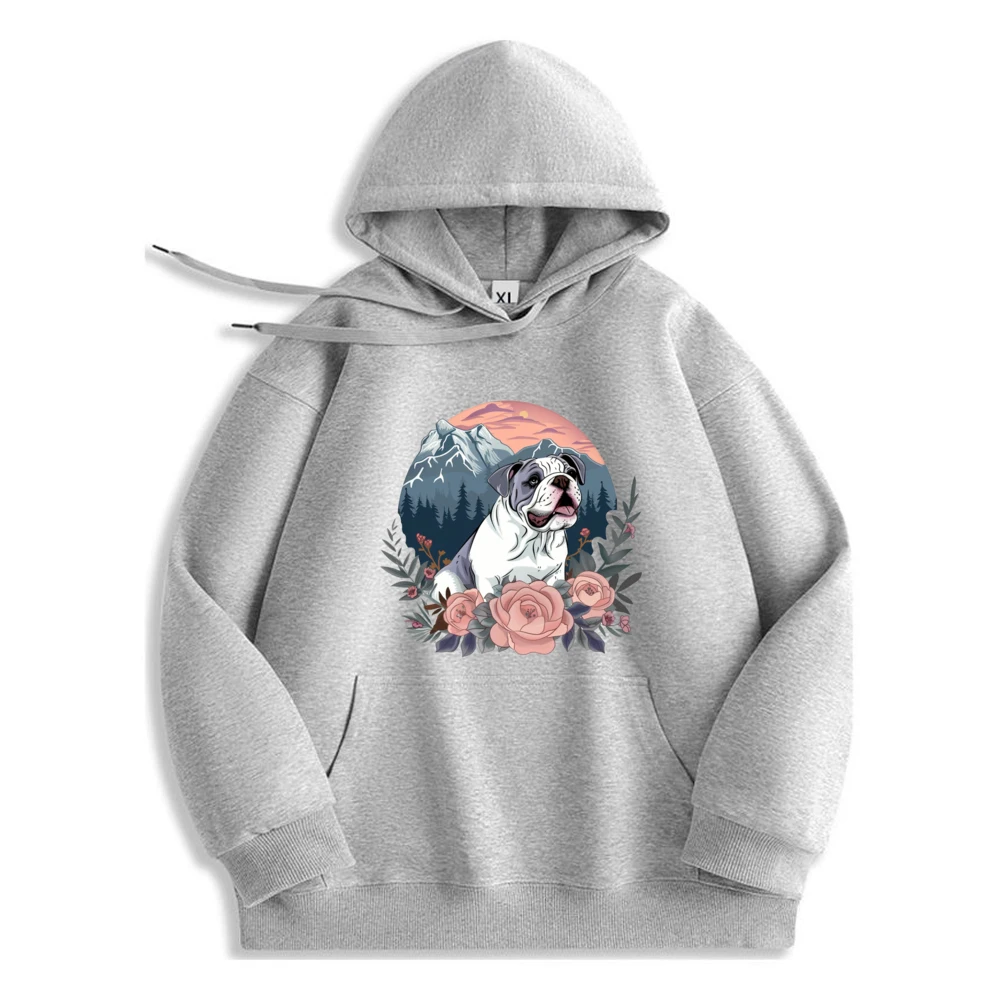 Cute American Dog Mountain Flower Printed Hoodie Streetwear Trendy Design​​ Pullover Mens Clothing Casual