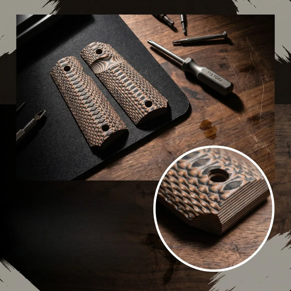 Durable G10 1911 Handle Scales Orange Black Layered Fish Scale Pattern Competition Shooting Replacement Grips