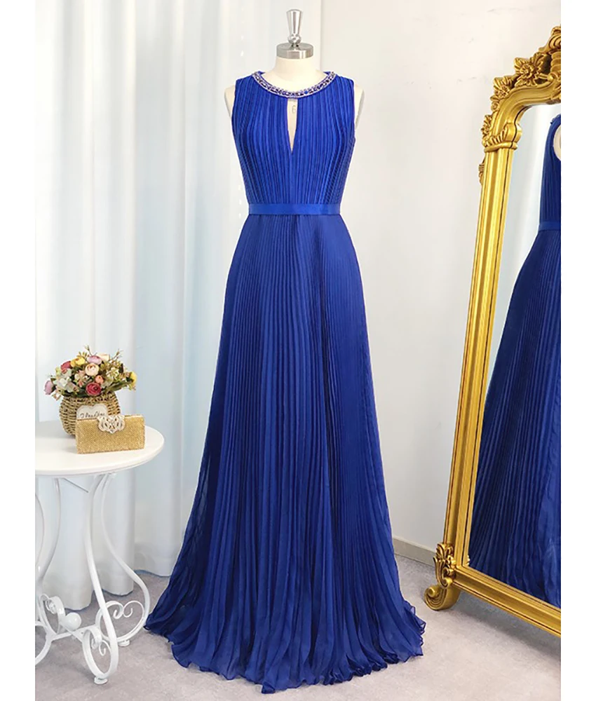 

Customized Temperament Chiffon A-Line Crystal Evening Dress Graceful O-neck Sleeveless Floor Length Bespoke Occasion Gowns