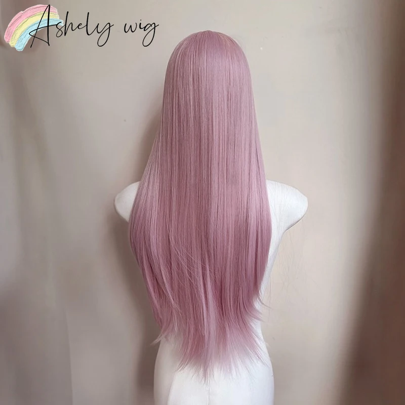 Ashley Pink Perücke mit Pony, 71,1 cm lange, glatte Haarperücke für Frauen, süße Lolita-Hochtemperaturfaser-Synthetikperücken für Cosplay