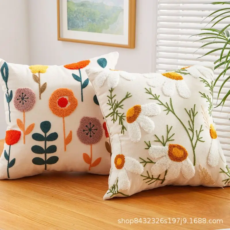 Canvas Floral Embroidered Cushion Cover Cotton 45x45 Countryside Stely Ornamental Pillow Case for Living Room Luxury Home Decor