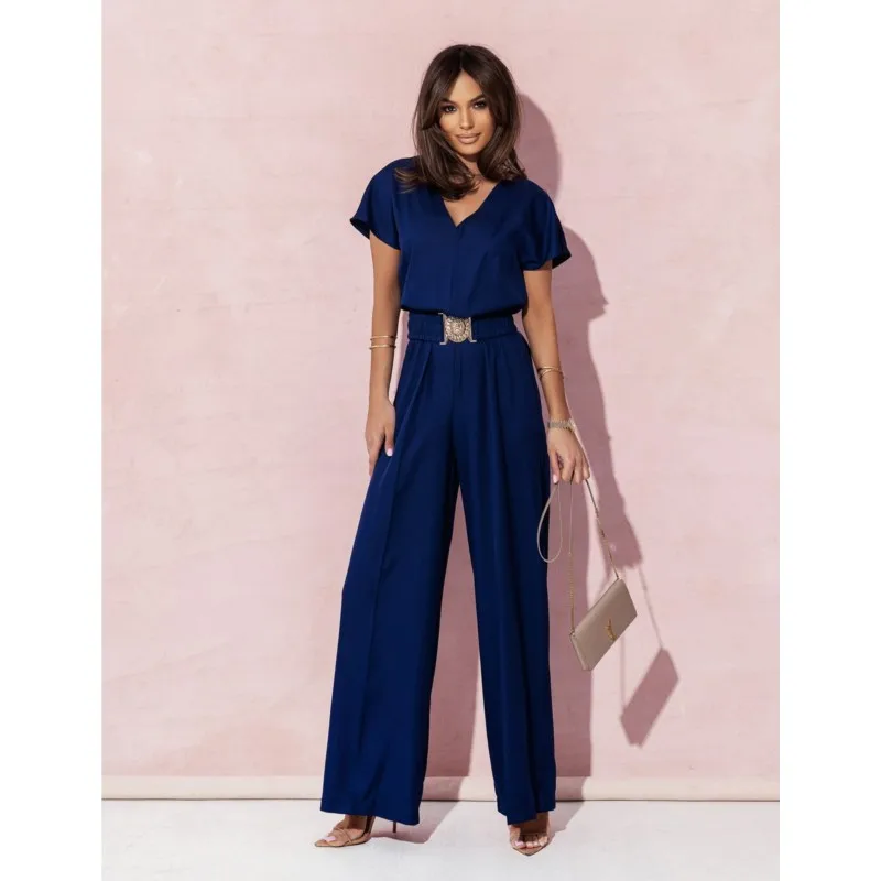 Summer New Fashionable Women's V-neck Short Sleeved High Waisted Wide Leg Commuting Casual Elegant Jumpsuit