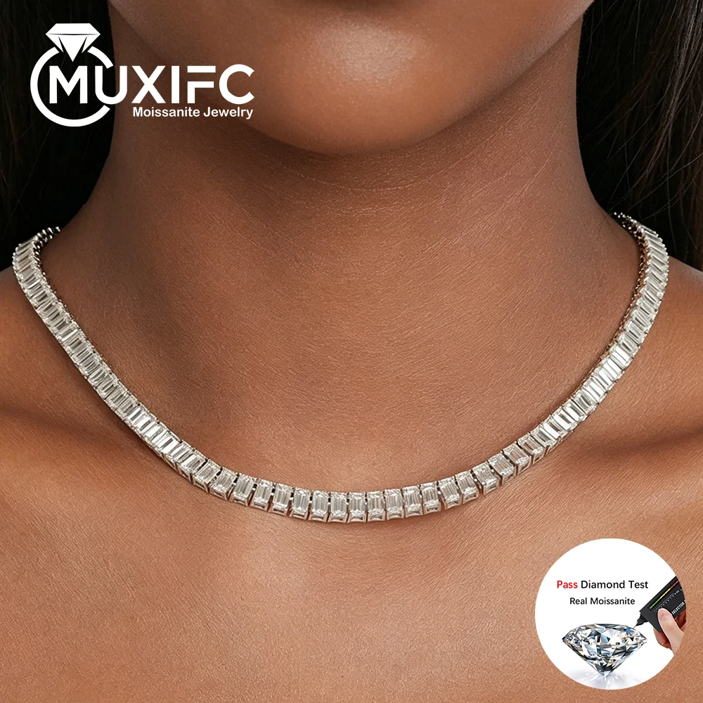 

MUXIFC Emerald Cut Moissanite Tennis Necklace for Men & Women Full Lab Diamond Choker 925 Sterling Silver Wedding Clavicle Chain