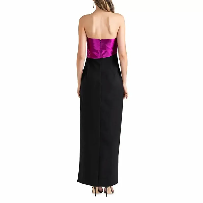 Vintage Long Black&Fuchsia Evening Dresses With Sash Strapless Ankle Length Formal Occasion Pleated Prom Party Gowns