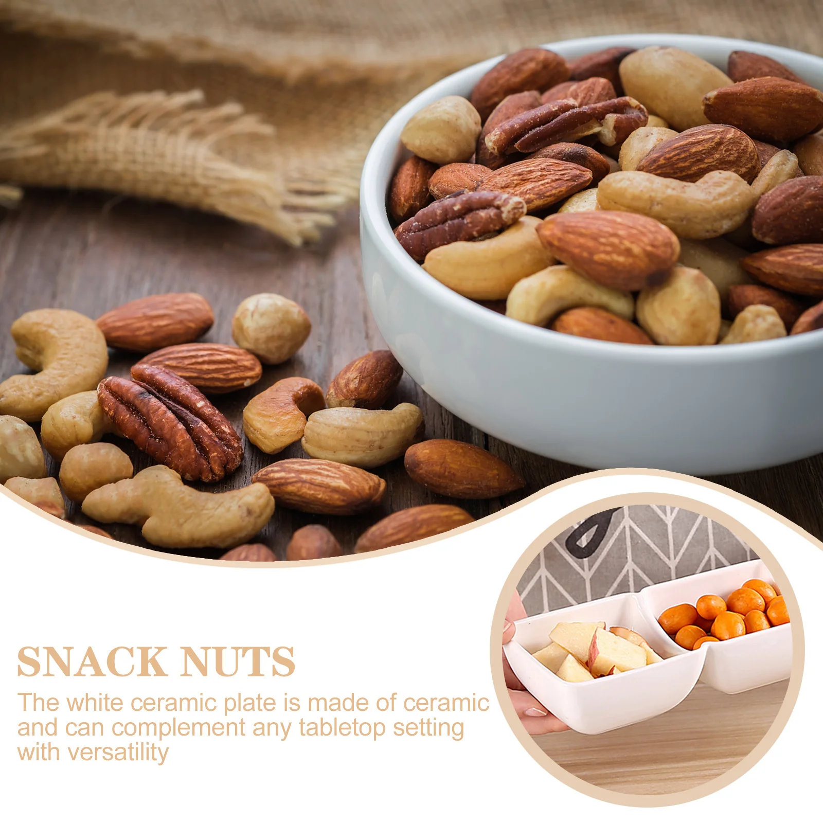 

2Pcs Ceramic Snack Bowls Three Compartment Divided Dessert Salad Food Serving Bowls Wooden Handle Household Sauce Dipping