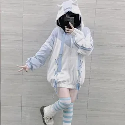 Japanese Kawaii Y2k Zip Up Hoodie Women Harajuku Cutecore Bandage Oversize Sweatshirts Aesthetic 2000s Girls Fall Fashion