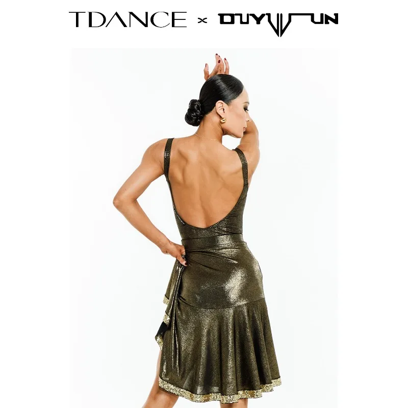 Demi-jupe pivotante en cuir brillant personnalisée, tenue d'entraînement avec paillettes embellissantes pour femme latine