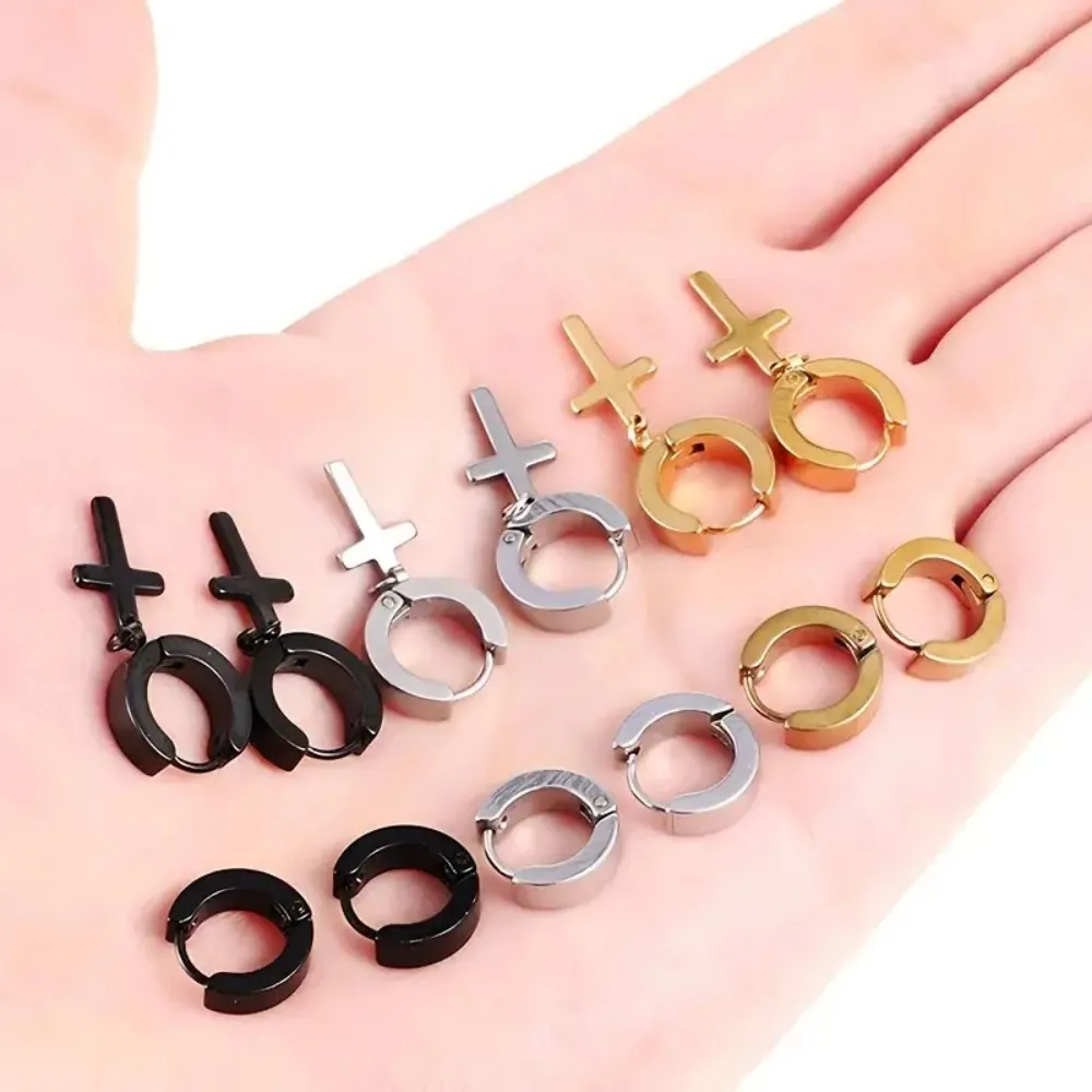 6 Pairs of Stainless Steel Earrings with Hanging Crosses Golden Black and Silvery Magnetic Closure Basics Style Elegant Jewelry