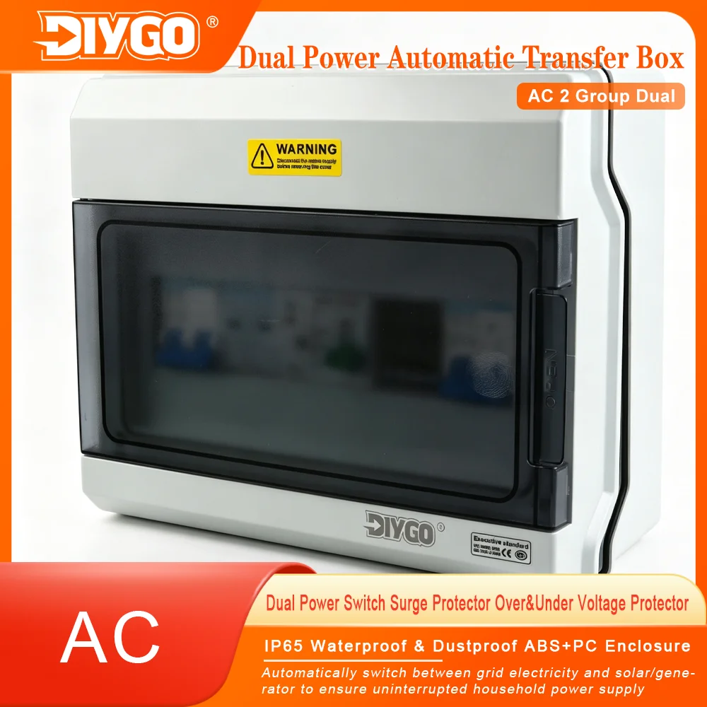 63A IP65 Dual Power Auto Transfer Box AC 2 Groups PV Generator Mains Changeover Box SPD Surge Voltage Protection Wall Mount