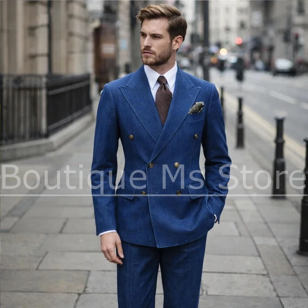 

Men's Blue Denim Suit Double Breasted Peaked Lapel Blazer and Pants Chic Casual Business Wedding Party Streetwear Suits 2 Piece