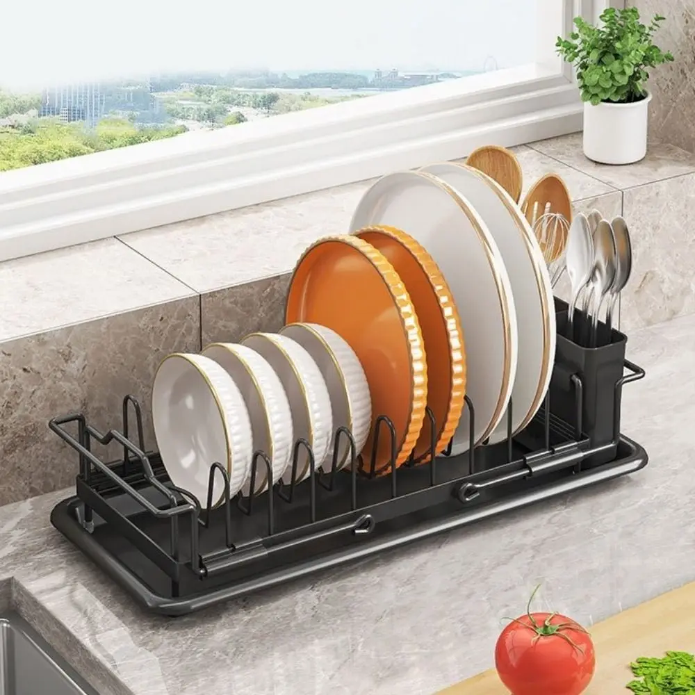

Non-Slip Expandable Dish Drying Rack Large Capacity Draining Sink Drain Rack Space Saving with Cutlery Holder Dish Drainer