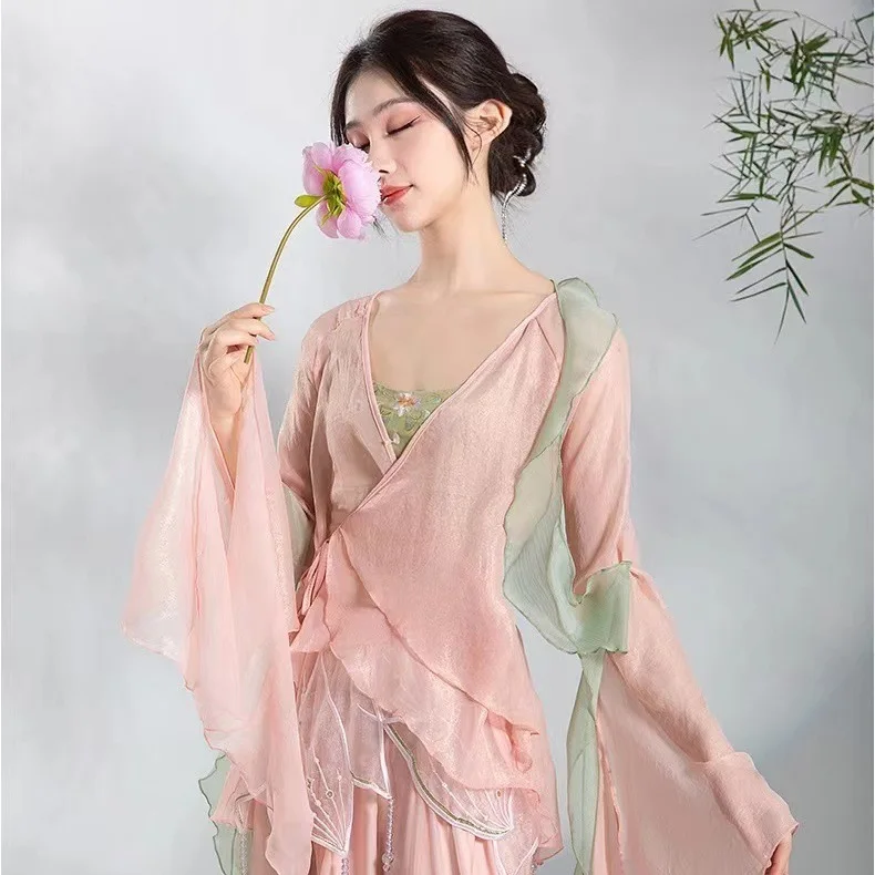 Chinese style skirt and pants performance suit, body charm, gauze clothing, elegant and fairy like gradient, classical dance cos