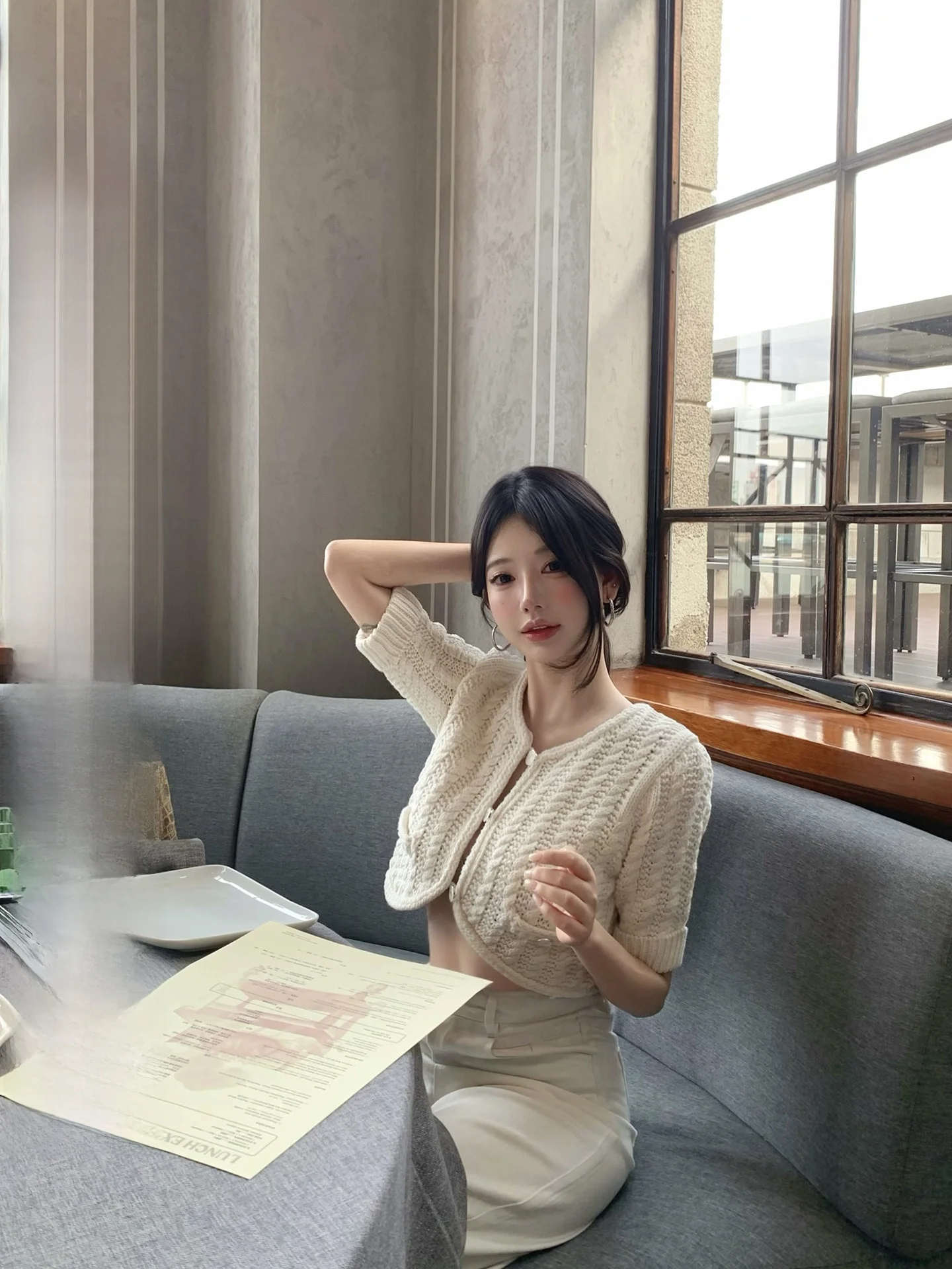 

Fbb Limit round Ne Knitted ort Sve Open Cardigan Cotton Blend Casual Sle Seven Quarter Length Hook Flower Design Top