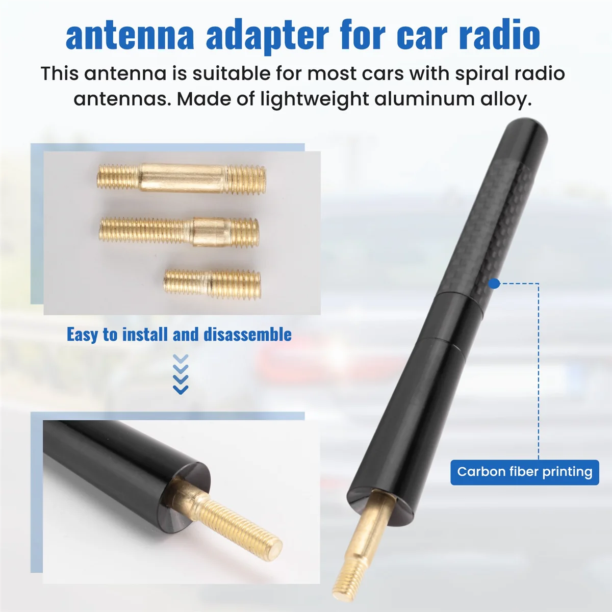 Auto rádio de fibra de carbono universal, antena curta, 5 ", 120mm, preto, AM, FM, antena, adaptador