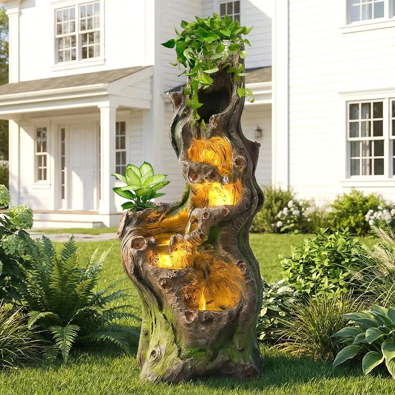 Cascading 6 Tiers Water Fountain Outside 5 LED Lights 40 H Large Garden Yard Deck Decor Natural Tree Trunk Look
