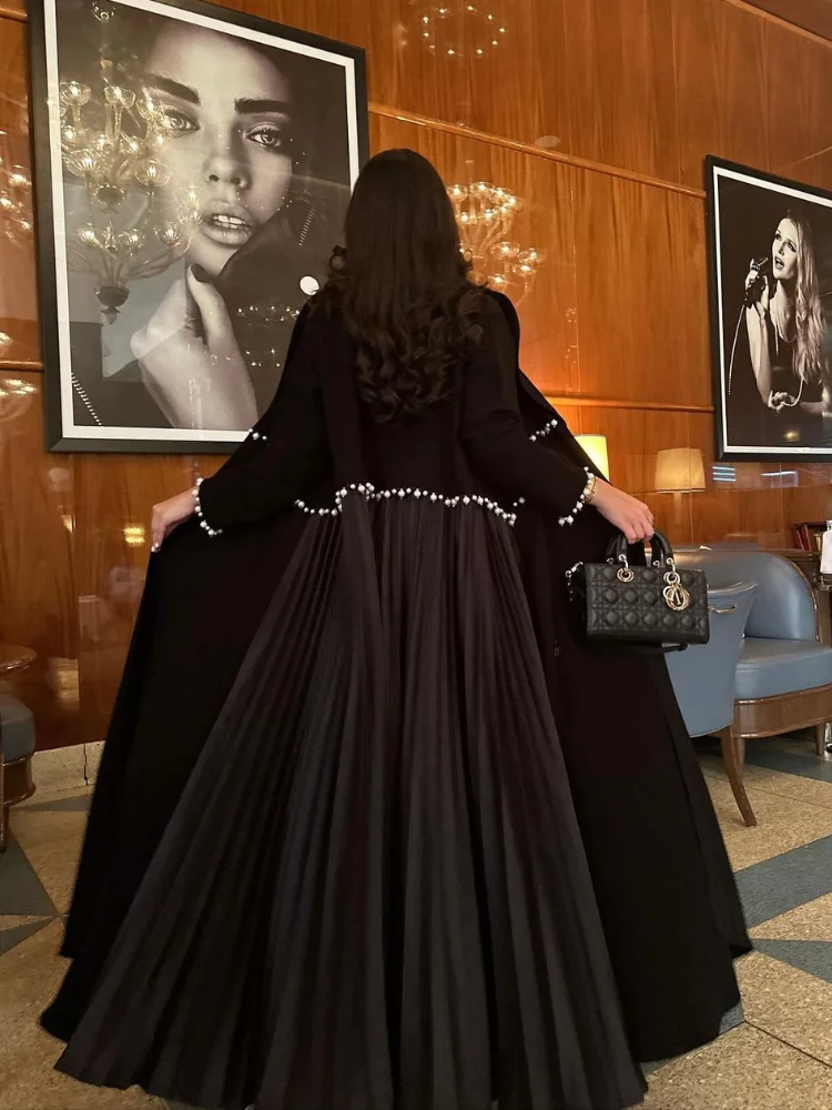 Eid Muslim Pearl Abaya dla kobiet Beading Ramadan Cardigan Pleated Long Dress Morocco Kaftan Long Abayas Dubai Robe Jalabiya 2024