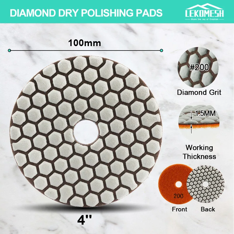 LEKOMESH 8pcs Diamond Dry Polishing Pads Granite Marble Sanding Disc Ceramic Stone 100mm/4'' #200 Polisher Grinding Plate