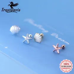 TrustDavis Real 925 Sterling Silver Sweet Asymmetric Starfish Shells Screw Stud Earring For Women Daughter Fine Jewelry DA2157