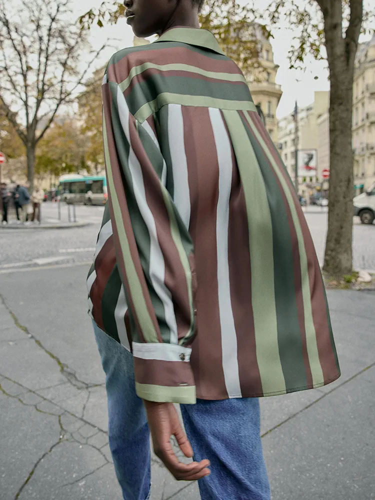 Winter 2025 Women's Faionable Long Sve awl Collar Striped Silk Satin Feel irt Versatile New Arrival 330