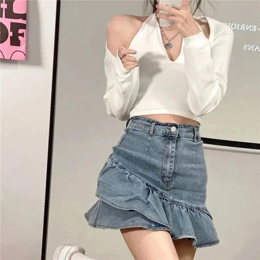 

Clothing Mini Short Womens Skirt with Pocket Skirts for Woman Ruffle Gyaru Denim Jeans Fashion Summer 2024 Korean Style Trend V