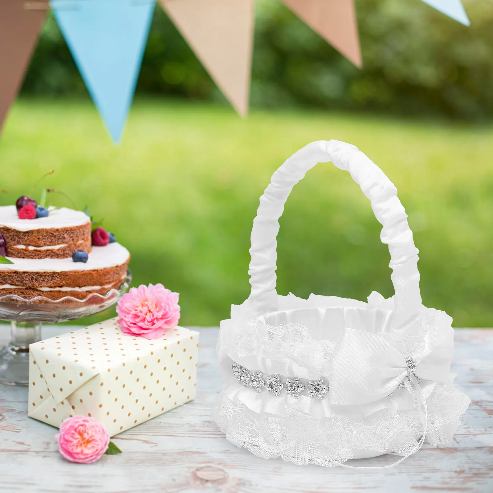 

Lace Flower Basket Wedding Girl Petal Gift Container Pearls H held Baskets Storage Baskets Wedding Ceremony Engagement Banquet