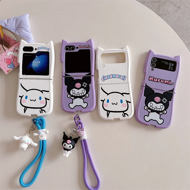 

Sanrio Cartoon Kuromi Cinnamoroll For Samsung ZFlip6 With Lanyard Leather Drop Proof Phone Case Cute ZFlip3,ZFlip4,ZFlip5,