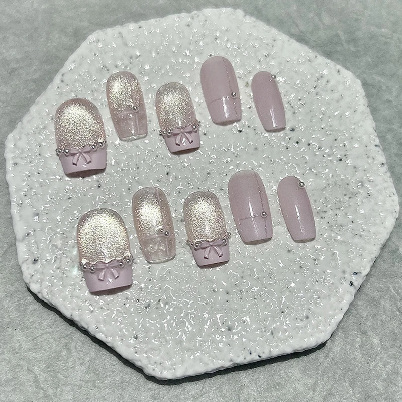 10 Pieces Elegant Cute Pearl Glitter Cat Eye French Handmade Press On Nails Pink Sweetheart Princess Bow Fake Nails