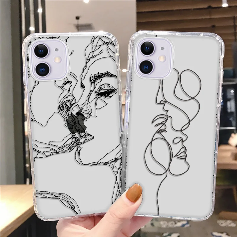 For iPhone 15 16 Pro Max Case For iPhone 11 13 14 Pro Max 13 12 Mini 7 8 XR XS X SE 3 Abstract Line Face Aesthetic Phone Cover