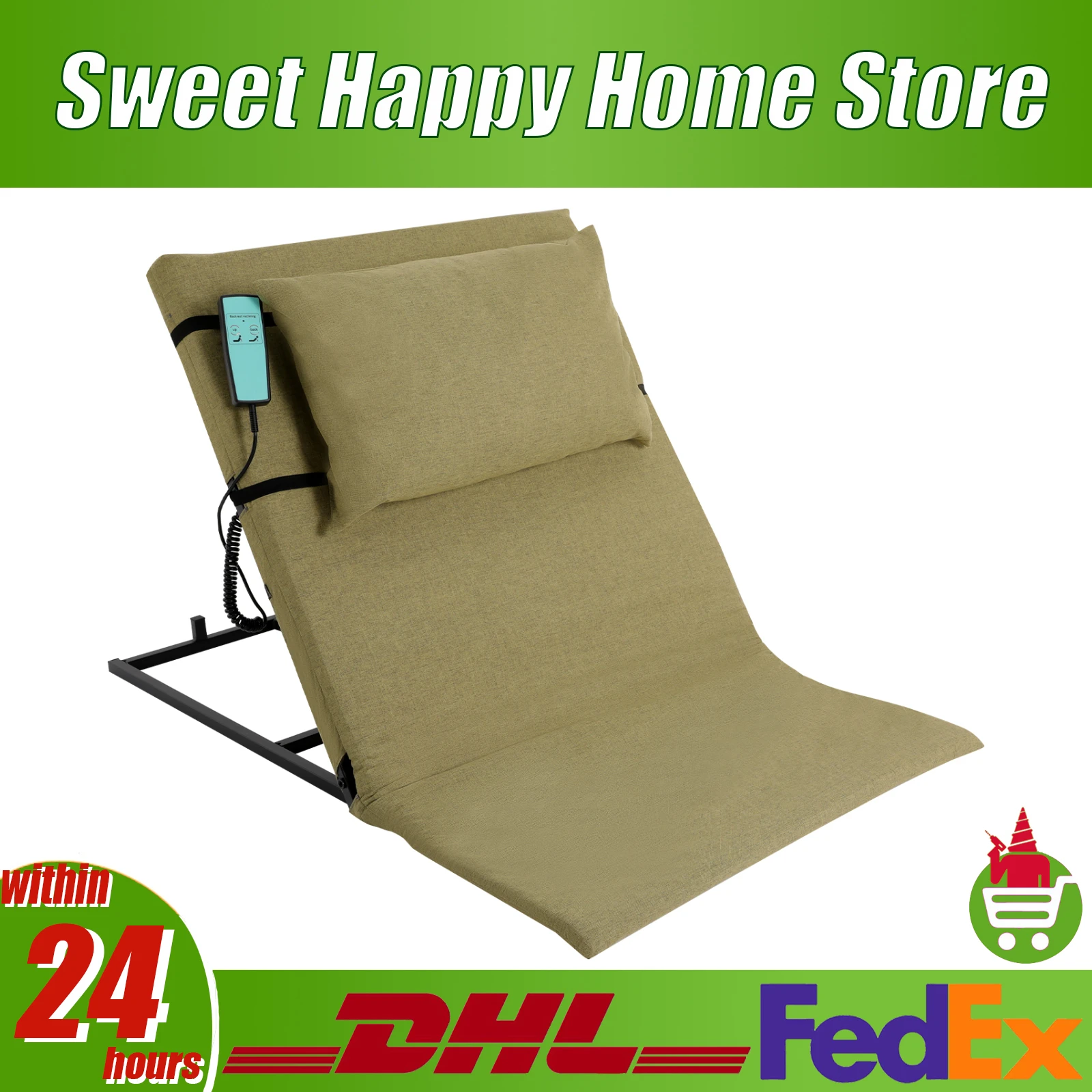 

Electric Lifting Backrest with Short Cushion and Headrest Grey/Green Wired Remote Control Bed Backrest for Elderly