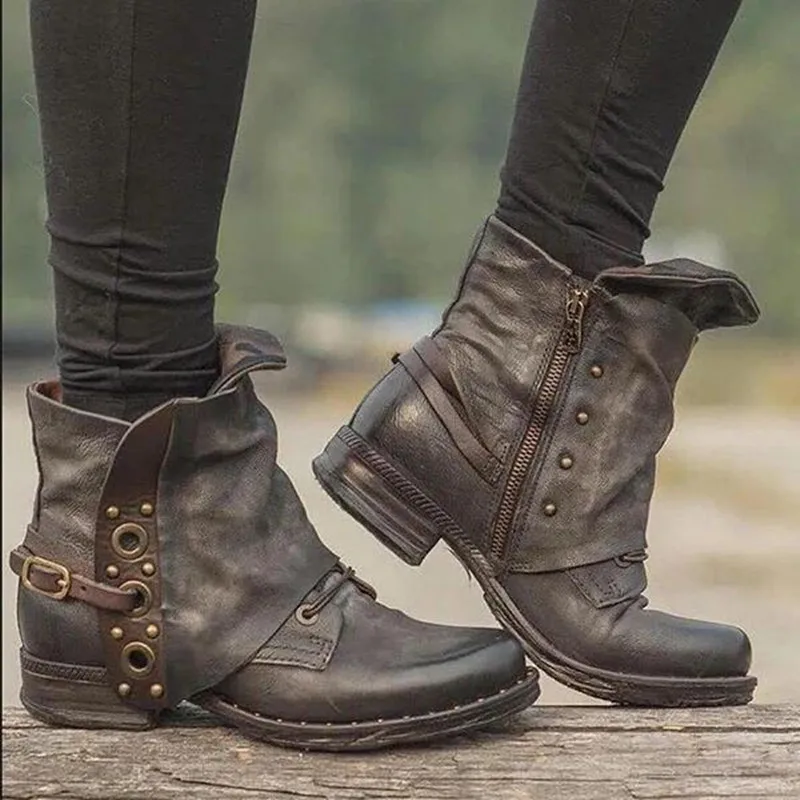Women's Casual Short Boots Autumn Winter Retro Fashion Rivet Belt Buckle Side Zipper Leather Boots Plus Size 42 43 Women Shoes - view 4