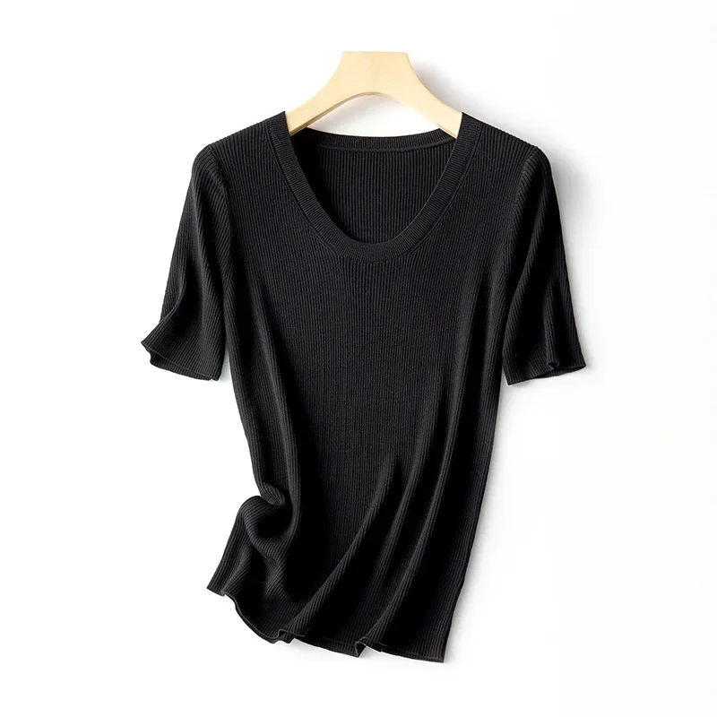 TT024    Short sleeve T-shirt women's summer 2023 new women's open v round neck elastic cotton T-shirt simple solid color