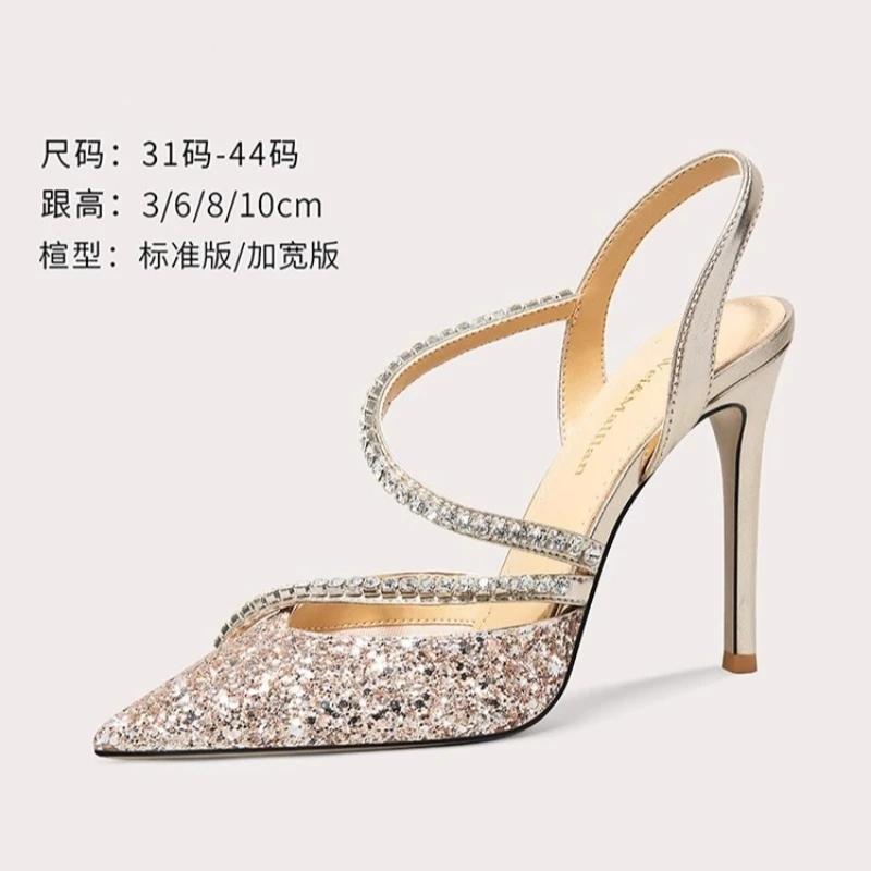 Spring/Summer New Rivet Pointed Sequin Spliced Fashionable Sandals with Thin High Heels Banquet Dress Versatile Large Women Shoe