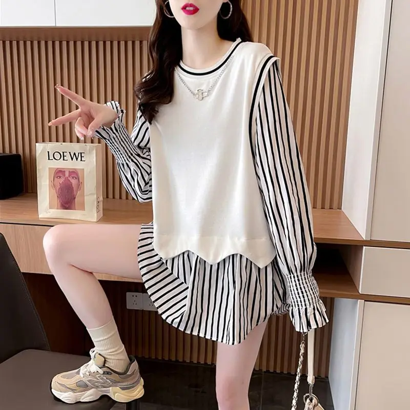 Fashion Loose Printing Patchwork Pleated Striped O-neck Pullovers T-Shirts Long Sleeve Office Lady Simplicity Women\'s Clothing