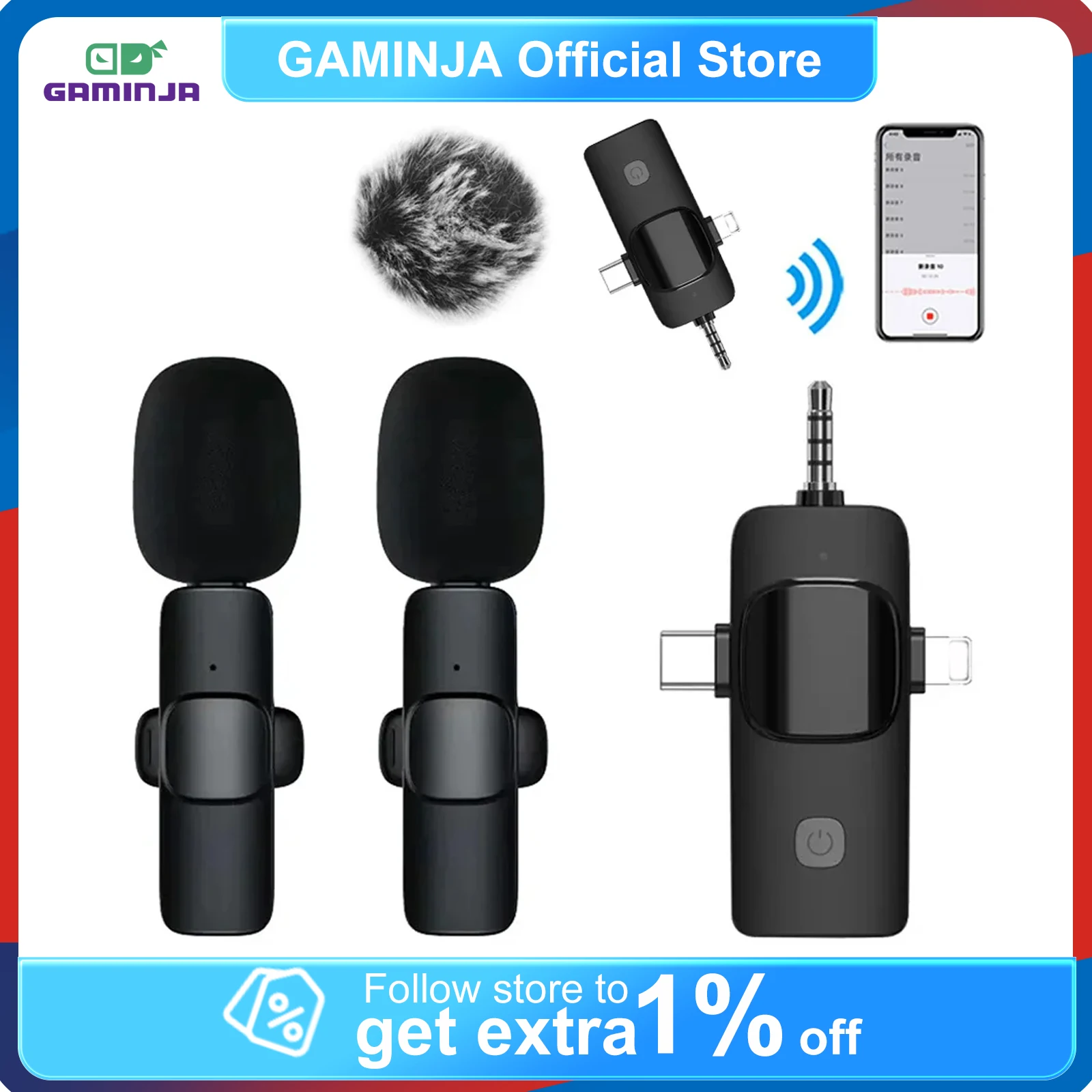 GAMINJA K1 3 in1 microfono Lavalier Wireless per iPhone Android Live Audio registrazione Video riduzione del rumore 3.5mm Plug & Play Mic