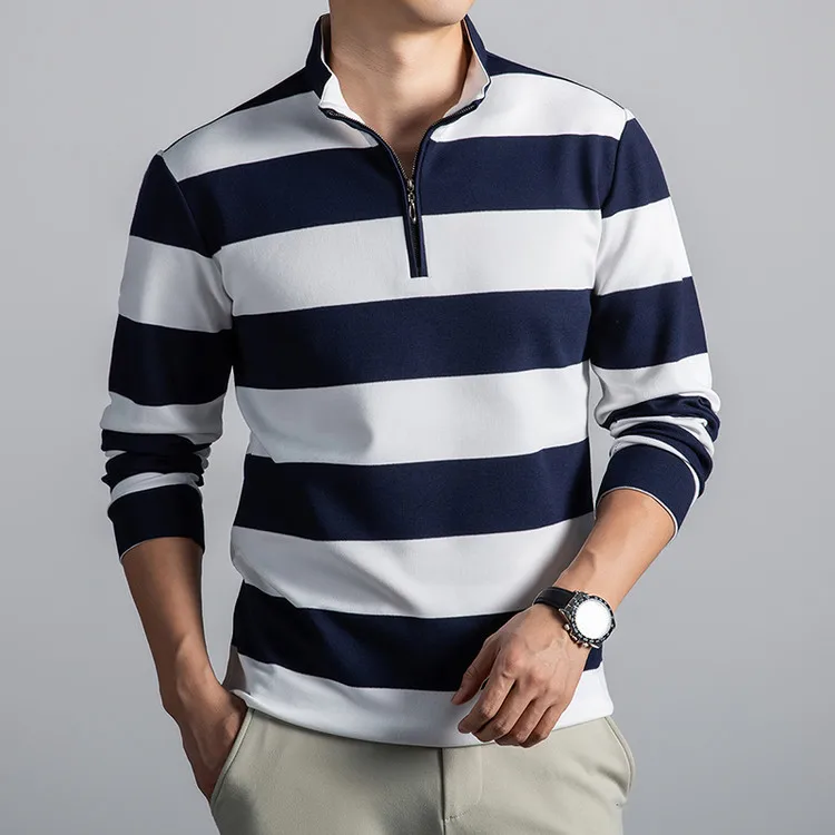 Cotton 54.3% Polyester 45.7% Men Tops 2025 Autumn Long Sleeve High-quality New stand-up collar striped T-shirt